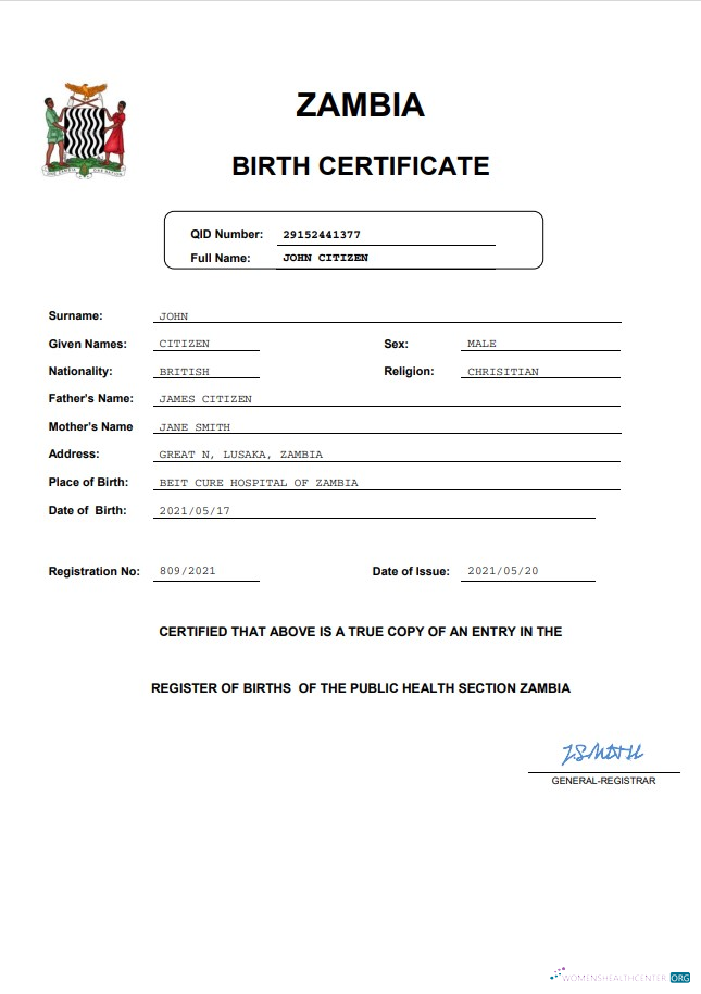 Download Zambia birth certificate Word and PDF template Photoshop template